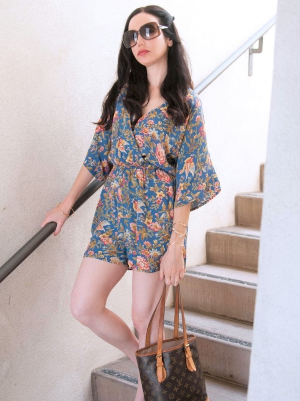 ASOS Blue Floral Wrap Romper with Elbow Sleeves